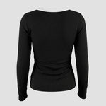 Women's Ribbed Long Sleeve Top Contrast Trim Crew Neck Fitted T Shirt