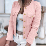 Women's French Style Cropped Jacket Round Neck Gold Button Coat Argyle Cable Jacquard Knit Outerwear