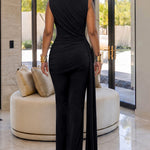 Women's 2 Piece Set Asymmetric Mock Neck Draped Top and High Waist Flare Pants