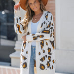 Women's Leopard Pattern Open Front Mid-length Knit Cardigan Sweater Coat