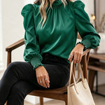 Women's Satin Blouse Mock Neck Puff Sleeve Shirt Back Tie Bow Elegant Ruched Shirt Shirred Frill Cuff Work Top