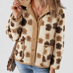 Women's 3D Faux Shearling Floral Jacket Corduroy Trim Button Down Fleece Coat