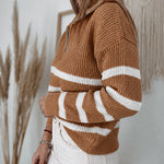Women's Half Zip Striped Sweater Colorblock Turn-down Collar Knit Pullover Drop Shoulder Loose Fit Top