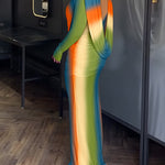 Tie Dye Print Cowl Neck Long Sleeve Backless Maxi Dress Slim Fit Zipper Back Ruched Mermaid Hem Evening Dress