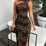 Women's Glitter One Shoulder Flocked Floral Mesh Bodycon Dress Ruched Slit Party Dress