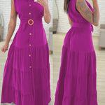 Turn-down Collar Sleeveless Button Front Dress Casual Belted Slit Ruched Maxi Dress