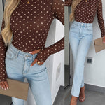 Women's Mesh Polka Dot Top Lined Sheer Long Sleeve Tee Crewneck Slim Fit Layering Under Base Top with Thumbholes