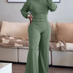 2 Pieces Outfit O-neck Long Sleeve Cinched Waist Sweatshirt and Elastic Waist Wide Leg Pants Set Casual Seam Design Sweatpants Set