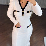 Button Decor Contrast Paneled V-Neck Puff Sleeve Zipper Back Commuting Dress Pockets Design Pleated Hem Tweed Dress