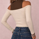 Women's Mock Neck Cold Shoulder Faux Two-Piece Top Colorblock Slim Fit Knit Top