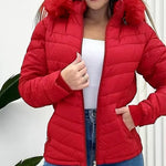 Zipper Pocket Design Shirred Fuzzy Trim Fleece Lined Hooded Puffer Jacket