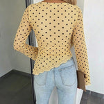 Women's Polka Dot Mesh Top Flare Long Sleeve Boat Neck Lined Asymmetric Frill Hem Blouse Vintage Party Shirt