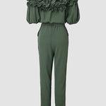 Frill Trim Off Shoulder Short Sleeve Tie Waist Overalls Casual Textured Jumpsuit