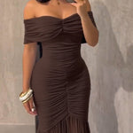 Foldover Off Shoulder Ruched Cinched Waist Minimalist Evening Dress Slim Fit Mermaid Hem Party Dress