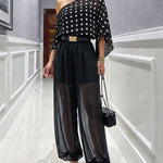 Women's 3 Piece Outfits Polka Dot Skew Neck Cape Top and Sheer Lantern Pants Set with Camisole Liner Party Clubwear