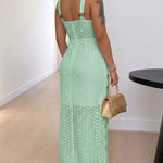 Women's Eyelet Embroidery Maxi Dress Backless Side Slit Slip Dress Tie Waist Bohemian Long Dress