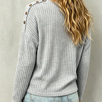 Women's V Neck Ribbed Knit Top Shoulder Button Long Sleeve Casual Pullover