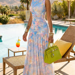 Women's Floral Print Mesh Maxi Dress Sleeveless Round Neck Ruched Bodycon Dress Flowy Vacation Dress
