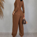 Women's Glitter Tied Detail High Waist Jumpsuit Overlap V Neck Long Sleeve Overalls
