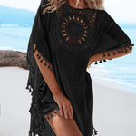 Women's Front & Back Reversible Beach Cover Up Crochet Lace Hollow Out Spliced Tassel Vacation Caftan Dress