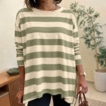 Women's Striped T Shirt Long Sleeve Drop Shoulder Crewneck Tee Side Slit Casual Loose Fit Top