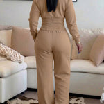 2 Pieces Outfit O-neck Long Sleeve Cinched Waist Sweatshirt and Elastic Waist Wide Leg Pants Set Casual Seam Design Sweatpants Set