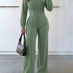 2 Pieces Outfit O-neck Long Sleeve Cinched Waist Sweatshirt and Elastic Waist Wide Leg Pants Set Casual Seam Design Sweatpants Set