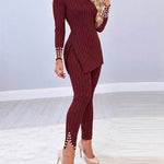 2 Pieces Outfit Mock Neck Long Sleeve Hollow-out Back Side Slit Longline Top and High Waist Slit Hem Pants Set Casual Pearls Decor Slim Fit Knit Lounge Set