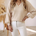 Women's Contrast Scallop Trim Knit Top V Neck Lantern Sleeve Loose Fit Casual Pullover Sweater