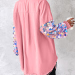 Contrast Sequin Long Sleeve Jacket Top Button Front Raw Hem Loose Fit Shacket