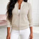 Women's Vintage Cable Knit Bomber Jacket Casual Argyle Zip Up Crop Coat with Pockets