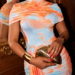 Women's Tie Dye Mock Neck Cape Design Bodycon Dress Sexy Ruched Draped Slit Party Cocktail Dress
