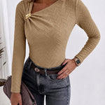 Women's Asymmetrical Neck Gold Buckle Twist Long Sleeve Top Textured Slim Fit Tee