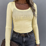 Women's Square Neck Long Sleeve Top Rhinestone Ribbed Knit Shirt Slim Fit Casual Sparkly Tee