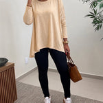 Women's Asymmetric Hem Long Sleeve Top Loose Fit Dropped Shoulder Crewneck Soft Slouchy Casual Tee