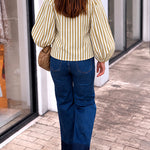Women's Vintage Striped Lace-Up V-Neck Lantern Sleeve Blouse
