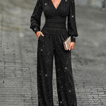 Women's 2 Piece Glitter Set Deep V Neck Lantern Sleeve Ruched Top and Wide Leg Pants with Pockets