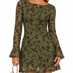 Women's Boat Neck Flocked Floral Sheer Mesh Flared Cuffs Slim A-Line Mini Dress