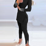 2 Pieces Outfit Mock Neck Long Sleeve Hollow-out Back Side Slit Longline Top and High Waist Slit Hem Pants Set Casual Pearls Decor Slim Fit Knit Lounge Set