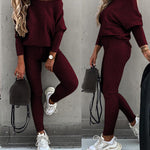 2 Pieces Outfit Skew Neck Long Sleeve Loose Pullover Top and Drawstring High Waist Slim Fit Pants Set