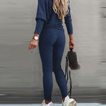 2 Pieces Outfit Skew Neck Long Sleeve Loose Pullover Top and Drawstring High Waist Slim Fit Pants Set