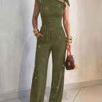 Women's Glitter Textured Two Piece Outfits Plisse Skew Neck Ruched Top and High Waisted Straight Leg Pants Set