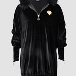 Velvet Fuzzy Trim Hooded Mini Dress Long Sleeve Zipper Design Sweatshirt Pullover Casual Dress