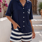 Women's 2 Piece Pajama Set Anchor Print Notched Collar Top and Striped Shorts Casual Loungewear Set