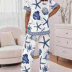 Women's 2 Piece Ocean Style Print Lounge Sets Short Sleeve T Shirt and High Waisted Wide Leg Pants Pajamas Sets with Pockets