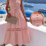 Women's Strapless Shirred Maxi Dress Lace Splice Tied Detail Frill Trim Sundress with Detachable Clear Straps