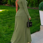 Women's One Shoulder Long Sleeve Ruched Maxi Dress with Thumb Hole