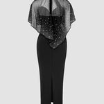 2 Pieces Outfit Detachable & Adjustable Spaghetti Straps Zipper Back Slit Slim Fit Maxi Dress and Rhinestone & Pearls Decor High Neck Zipper Back Sheer Mesh Poncho Cape