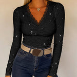 Women's Sparkle Glitter V Neck Long Sleeve Top Ruched Lace Trim Tee