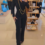 Chain & Button Decor Notched Collar Overlap V-Neck Slit Spliced Overalls Casual High Waist Seam Front Zipper Back Jumpsuit